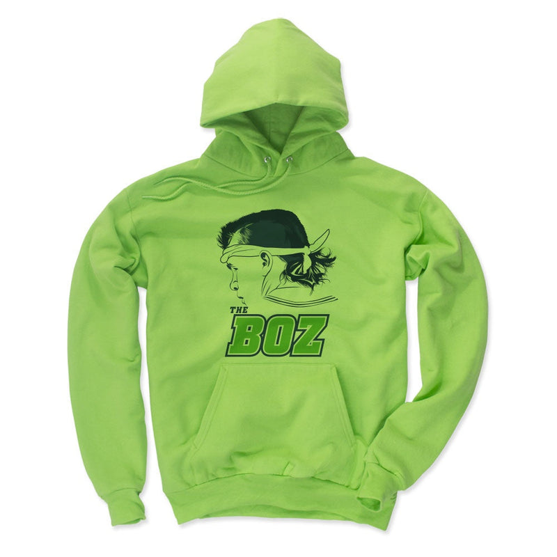 Lime green hoodie featuring a navy profile silhouette of Brian Bosworth with the text 'THE BOZ' in green below it.
