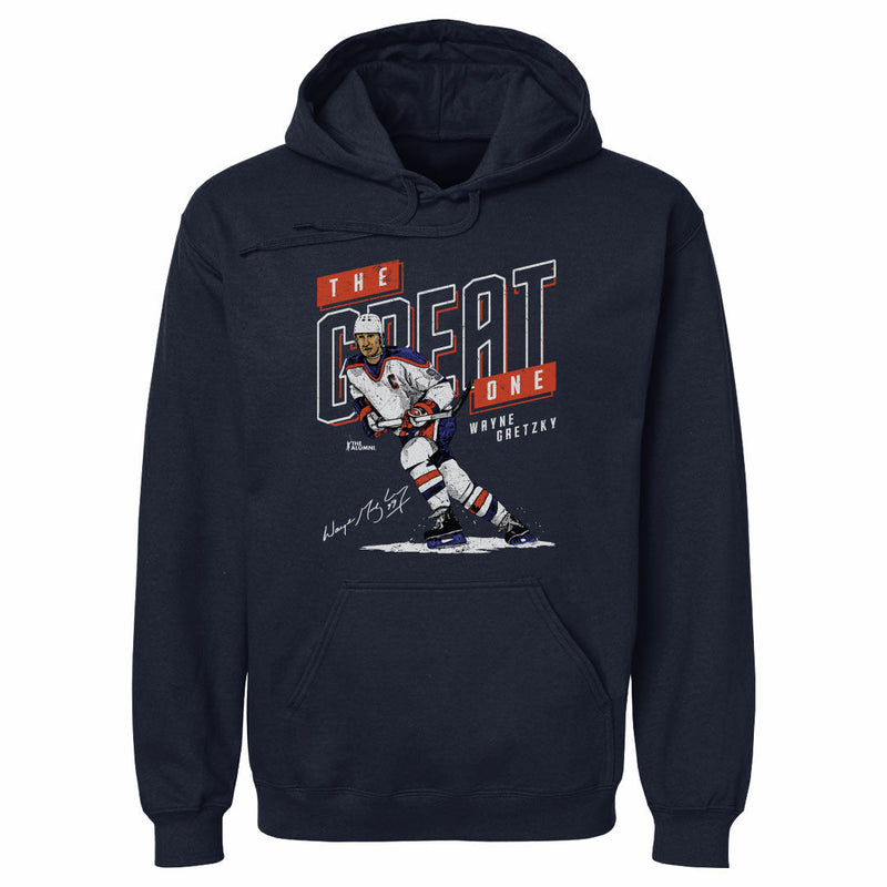 Navy hoodie featuring an illustration of Wayne Gretzky skating with the text 'THE GREAT ONE' in white and orange above him