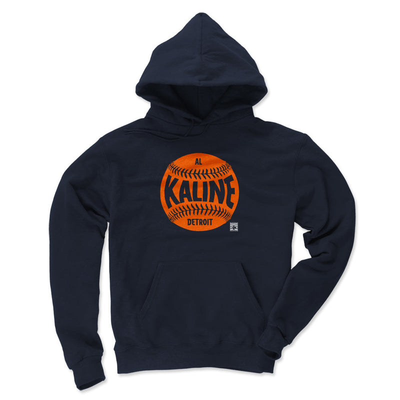 Navy hoodie featuring a large orange baseball with navy stitching and the text 'AL KALINE' in navy across the center with 'DETROIT' in navy below it.