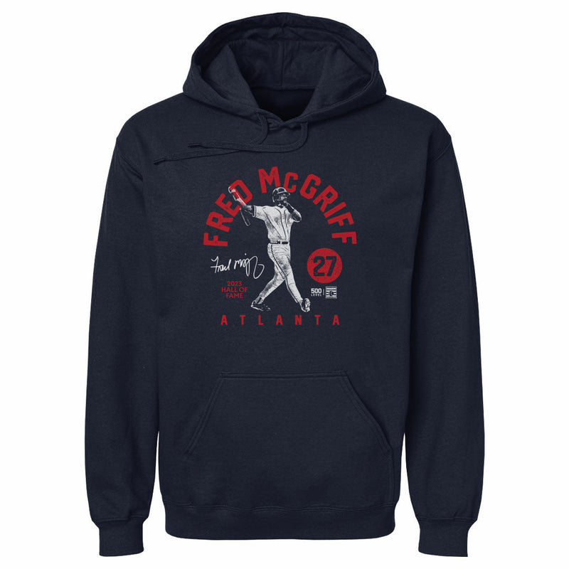 Navy Hoodie featuring design named Fred McGriff Atlanta Retro Arc WHT