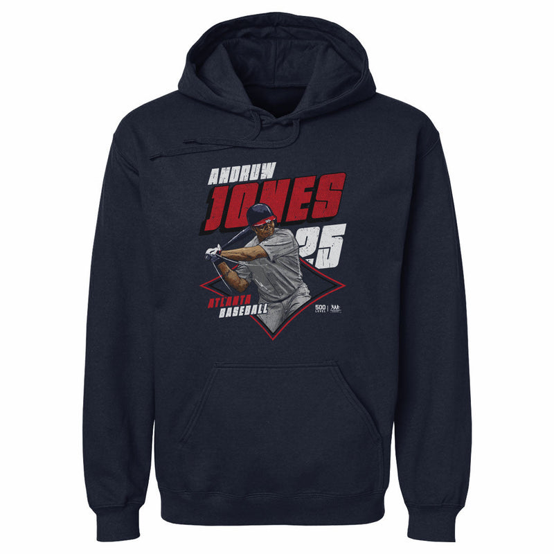 Navy hoodie featuring Andruw Jones in a red diamond with 'ANDRUW JONES' in red and white above and 'ATLANTA BASEBALL' in red and white below.