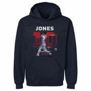 Navy hoodie featuring an illustrated Chipper Jones batting beside a large red 10 with the text 'JONES' in white above it.