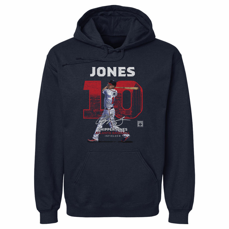 Navy hoodie featuring an illustrated Chipper Jones batting beside a large red 10 with the text 'JONES' in white above it.
