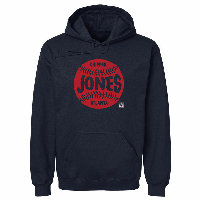 Navy hoodie featuring a red baseball graphic with the text 'CHIPPER JONES' and 'ATLANTA' in navy.