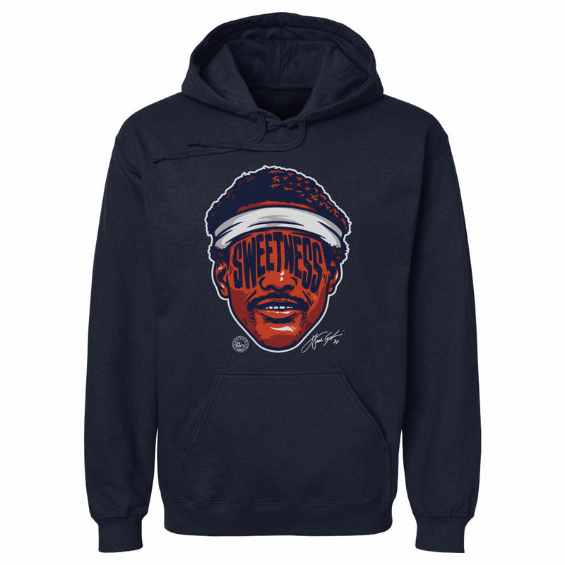 Navy hoodie featuring a Walter Payton face illustration with a white headband and the text 'SWEETNESS' in navy across it.