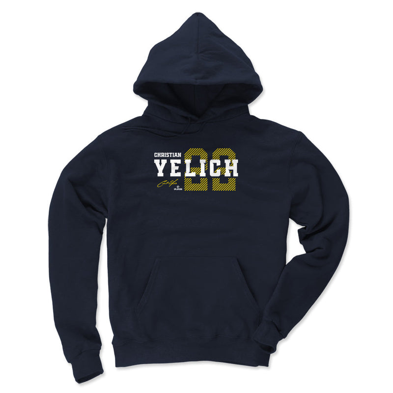 Navy hooded sweatshirt featuring the name 'Christian Yelich' in white above a large yellow striped number 22 and a yellow signature below.