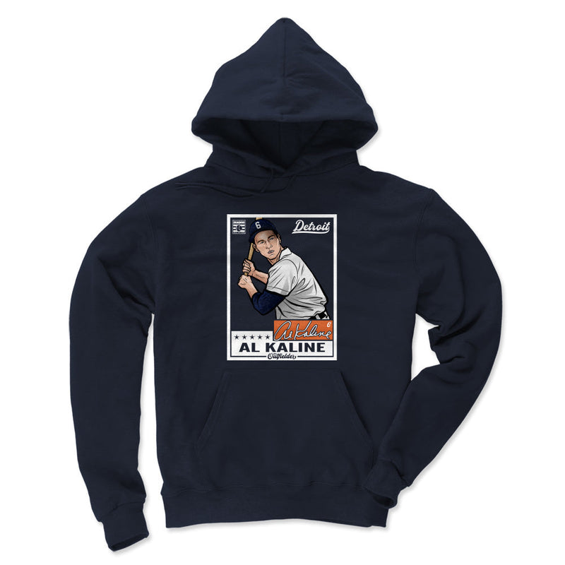 Navy hoodie featuring a cartoon trading card of Al Kaline in a batting stance with the text 'AL KALINE' in navy below it.