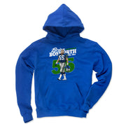 Royal blue hoodie featuring Brian Bosworth in football uniform holding a helmet, with 'Brian Bosworth' text in white above and a green 55 below.