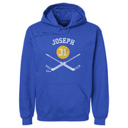 Royal blue hoodie featuring a yellow puck with the number 31 in white between the text 'JOSEPH' and crossed hockey sticks in white.