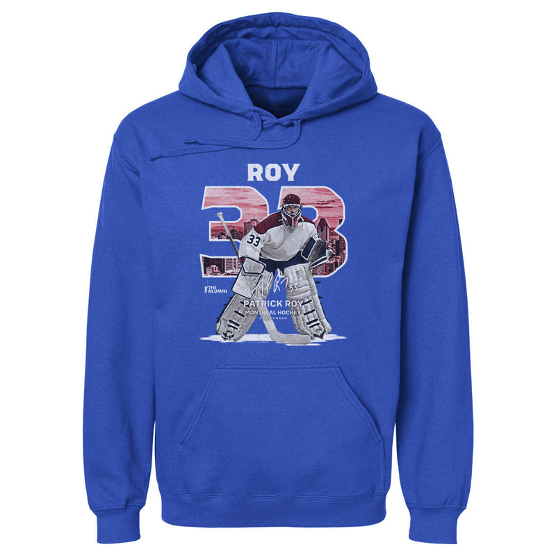 Royal Blue Hoodie featuring design named Patrick Roy Montreal Throwback WHT