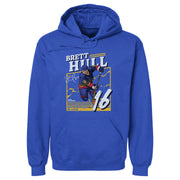 Royal blue hoodie featuring a cartoon of Brett Hull in a St. Louis jersey with the text 'BRETT HULL' in white above a large number 16.