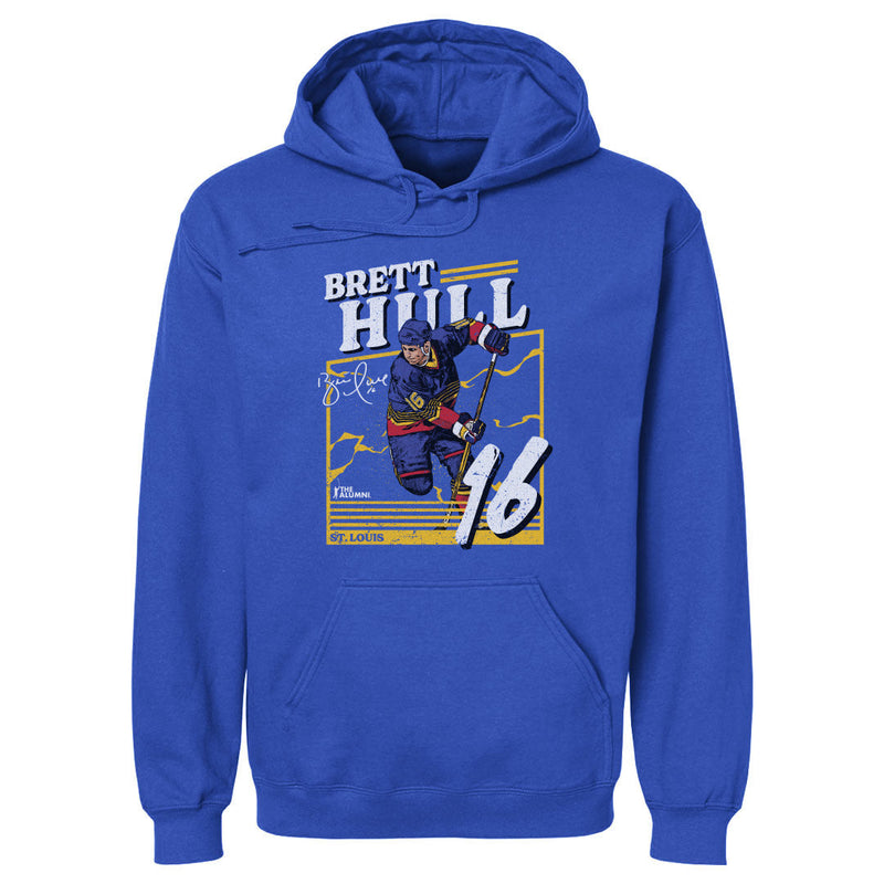 Royal blue hoodie featuring a cartoon of Brett Hull in a St. Louis jersey with the text 'BRETT HULL' in white above a large number 16.