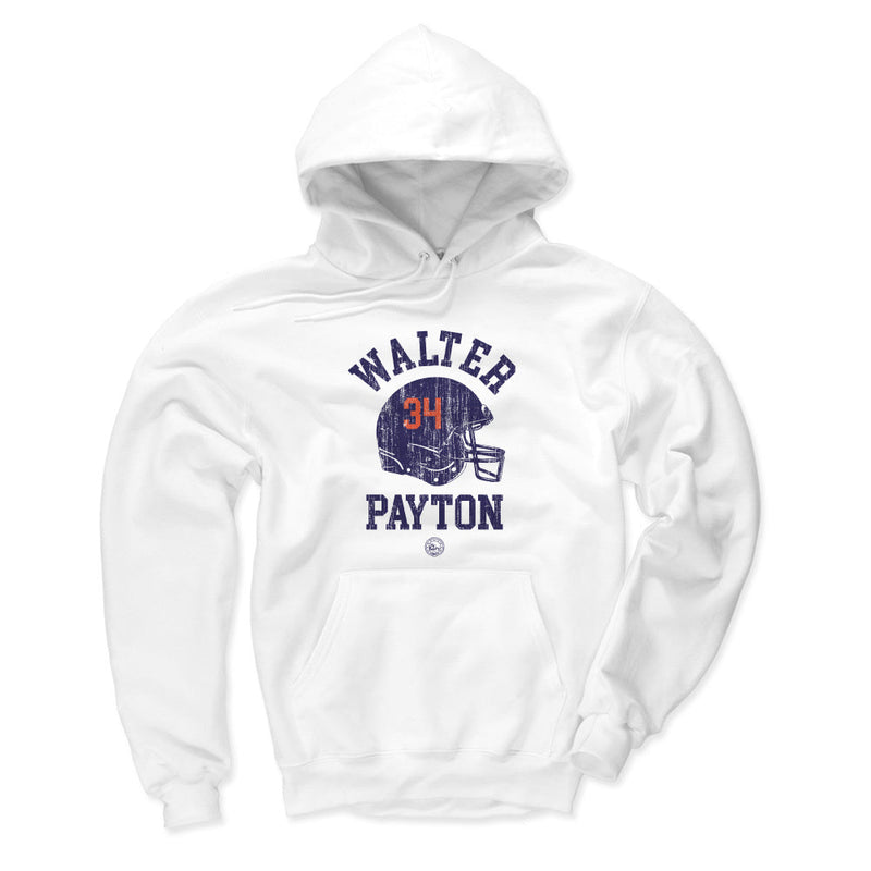 White color option of the Walter Payton Chicago helmet hoodie with the same navy helmet and orange 34 graphic.