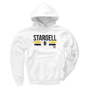 Flat front of the white Willie Stargell hoodie showing the 'STARGELL' name and number 8 in black with yellow stripes.