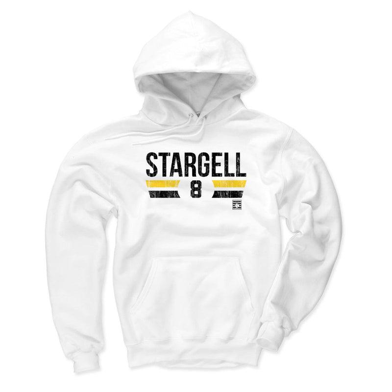Flat front of the white Willie Stargell hoodie showing the 'STARGELL' name and number 8 in black with yellow stripes.
