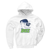 White hoodie featuring a navy profile silhouette of Brian Bosworth with the text 'THE BOZ' in green below it.