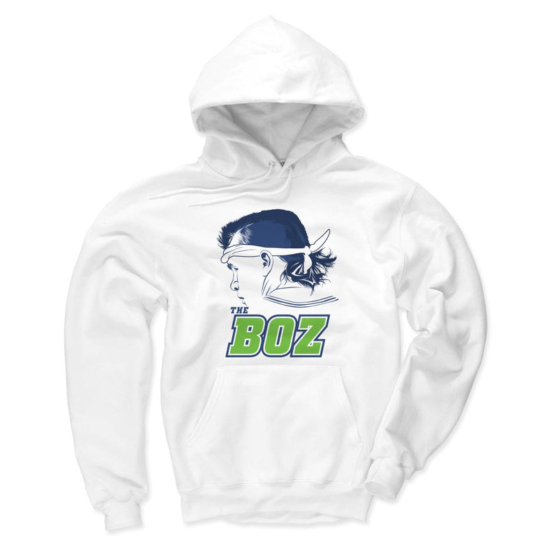 White hoodie featuring a navy profile silhouette of Brian Bosworth with the text 'THE BOZ' in green below it.