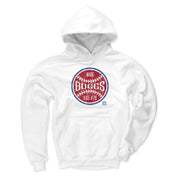 Front of the white Wade Boggs Ball hoodie, showing the same red baseball graphic with a blue rim and the text 'WADE BOGGS' in white.