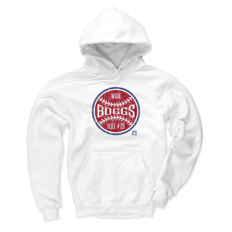 Front of the white Wade Boggs Ball hoodie, showing the same red baseball graphic with a blue rim and the text 'WADE BOGGS' in white.