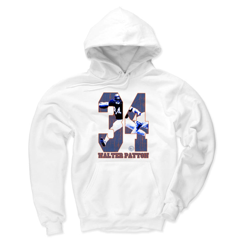 White version of the Walter Payton hoodie showing the same large number 34 design with action photos and the text 'WALTER PAYTON' below it.
