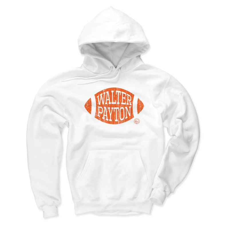 White hoodie featuring an orange football graphic with the text 'WALTER PAYTON' in white stacked across the center.
