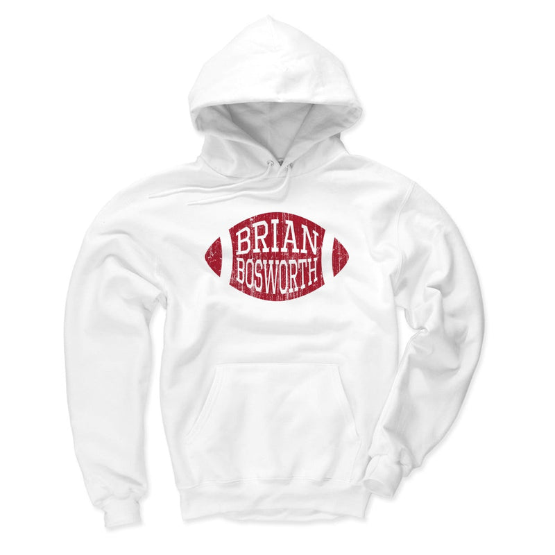 White hoodie featuring a distressed red football graphic with the text 'BRIAN BOSWORTH' in gray inside it.