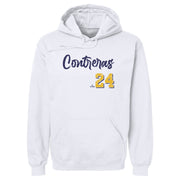 White pullover hoodie featuring the name 'Contreras' in navy script above the number 24 in gold with navy outline
