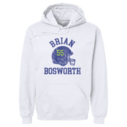 White hoodie featuring a distressed blue football helmet with green number 55 on side and the text 'BRIAN BOSWORTH' in blue above and below it.