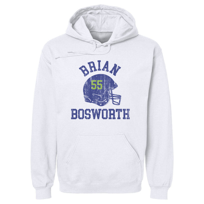 White hoodie featuring a distressed blue football helmet with green number 55 on side and the text 'BRIAN BOSWORTH' in blue above and below it.