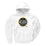 White hoodie featuring a black baseball graphic with a yellow ring and the text 'Bill Mazeroski' and 'H.O.F. #9' in white.