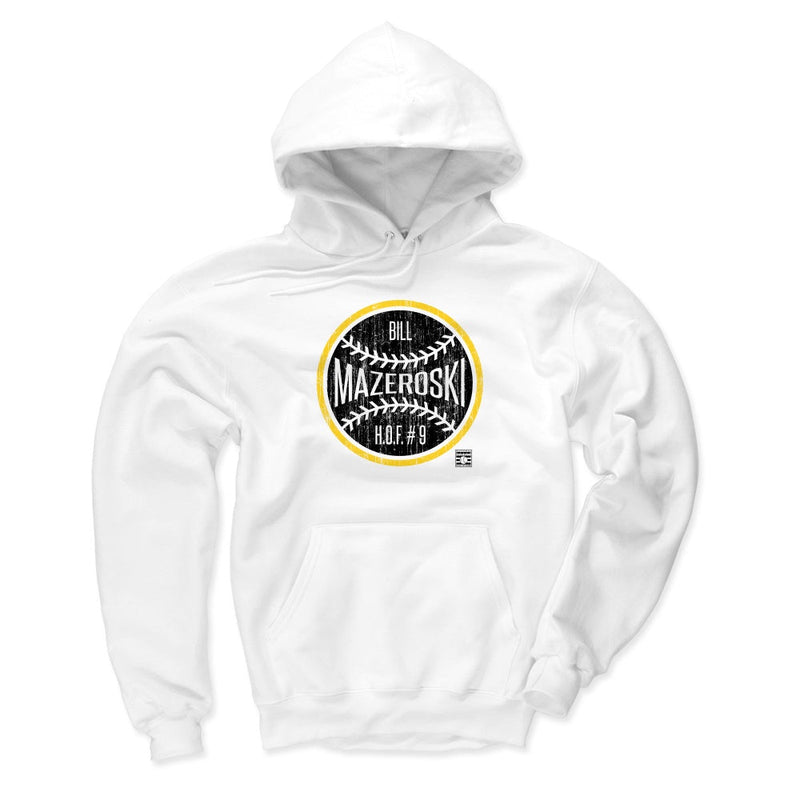 White hoodie featuring a black baseball graphic with a yellow ring and the text 'Bill Mazeroski' and 'H.O.F. #9' in white.