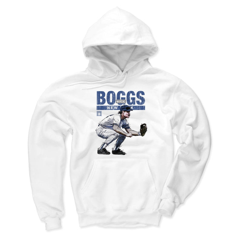 White version of the Wade Boggs Gold Glove New York hoodie, showing the same blue Boggs fielding illustration and text on a white background.