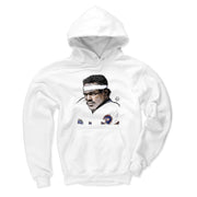 White hoodie featuring a pencil sketch portrait of Walter Payton in a white headband and jersey with a blue and orange helmet logo.