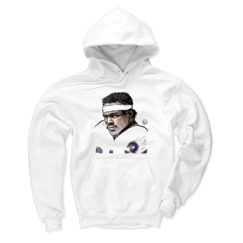 White hoodie featuring a pencil sketch portrait of Walter Payton in a white headband and jersey with a blue and orange helmet logo.