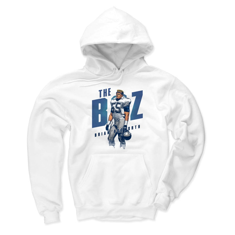 White hoodie featuring Brian Bosworth in a number 55 jersey with the text 'THE BOZ' behind him in large blue letters above his name.
