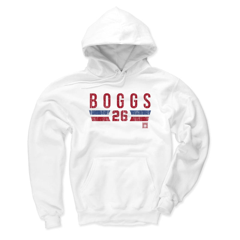 White version of the Wade Boggs Font R hoodie, showing the same red 'BOGGS' and '26' design above blue and red stripes.