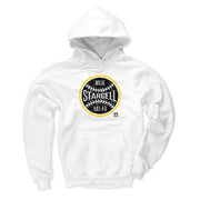 Front of the white Willie Stargell hoodie, showing the white color option with the same black baseball logo and gold rim.