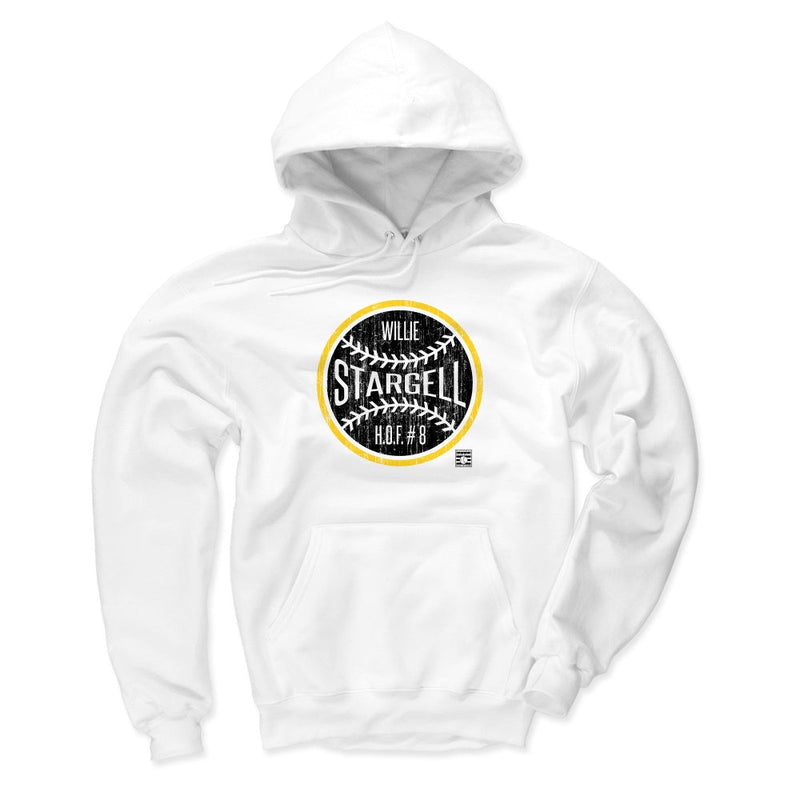 Front of the white Willie Stargell hoodie, showing the white color option with the same black baseball logo and gold rim.