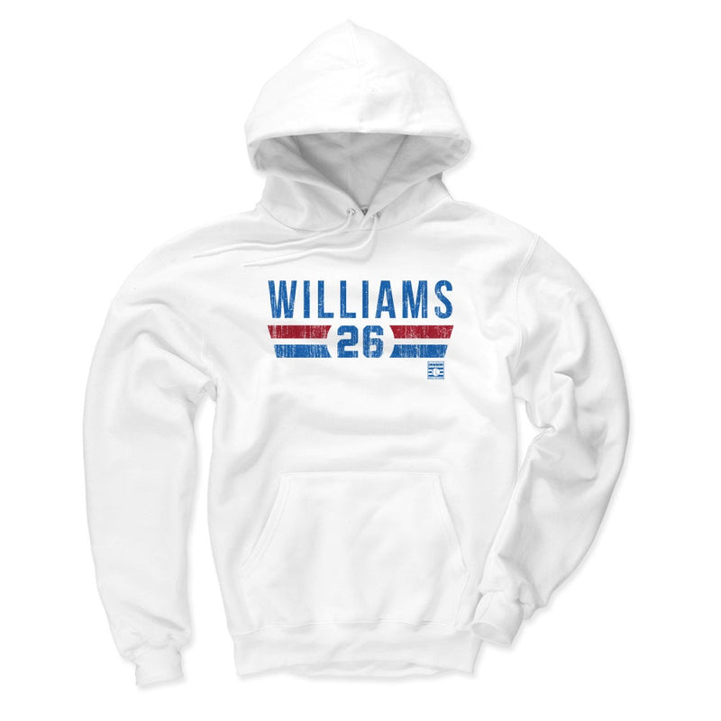 White hoodie featuring the text 'WILLIAMS' with the number '26' below in blue, set between red and blue stripes.