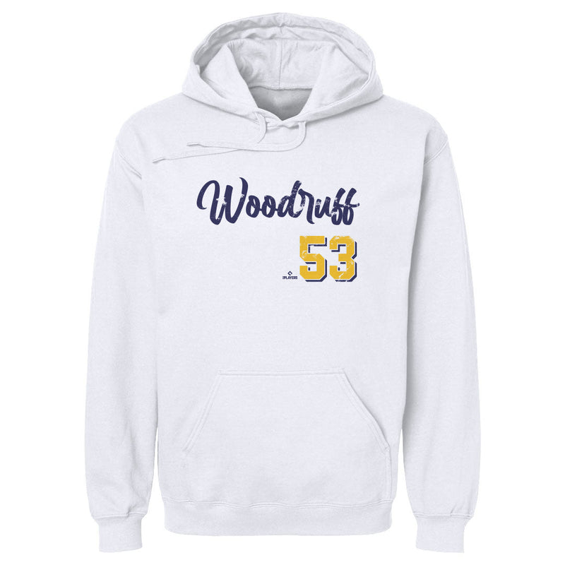 White hoodie featuring the name 'Woodruff' in distressed navy script above the number 53 in gold with navy shadow.