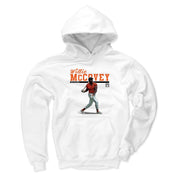 White hoodie featuring an illustration of Willie McCovey in a red jersey and gray pants with the text 'Willie McCovey' in orange above it.