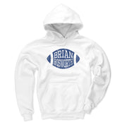 White hoodie featuring a distressed blue football graphic with the text 'BRIAN BOSWORTH' in white inside it.