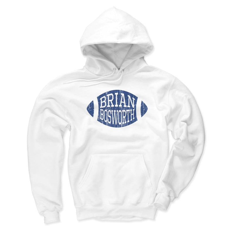 White hoodie featuring a distressed blue football graphic with the text 'BRIAN BOSWORTH' in white inside it.