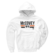Front of white Willie McCovey hoodie showing the same black 'McCovey' and '44' design with orange and black stripes below.