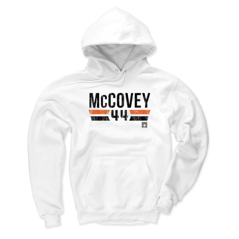 Front of white Willie McCovey hoodie showing the same black 'McCovey' and '44' design with orange and black stripes below.