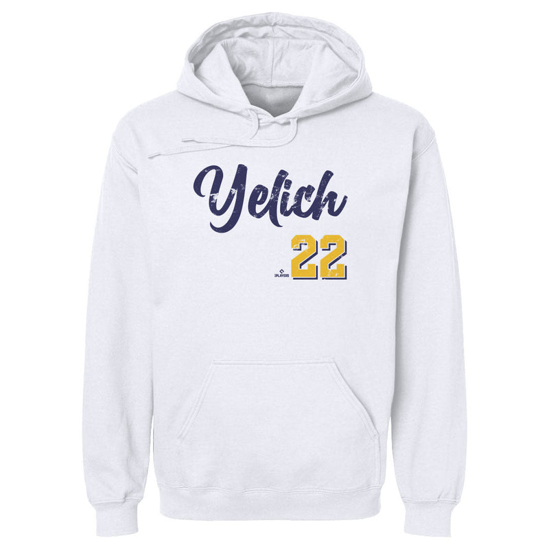 White pullover hoodie featuring the name 'Yelich' in distressed navy script with the number 22 in gold below it.