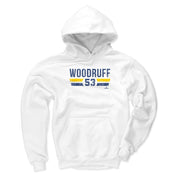 White hoodie featuring the text 'WOODRUFF' and the number 53 in navy above yellow and navy stripes.