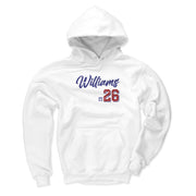 White hoodie featuring the script name 'Williams' in blue with the number '26' in red below it.
