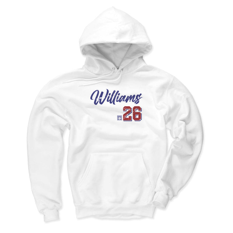 White hoodie featuring the script name 'Williams' in blue with the number '26' in red below it.