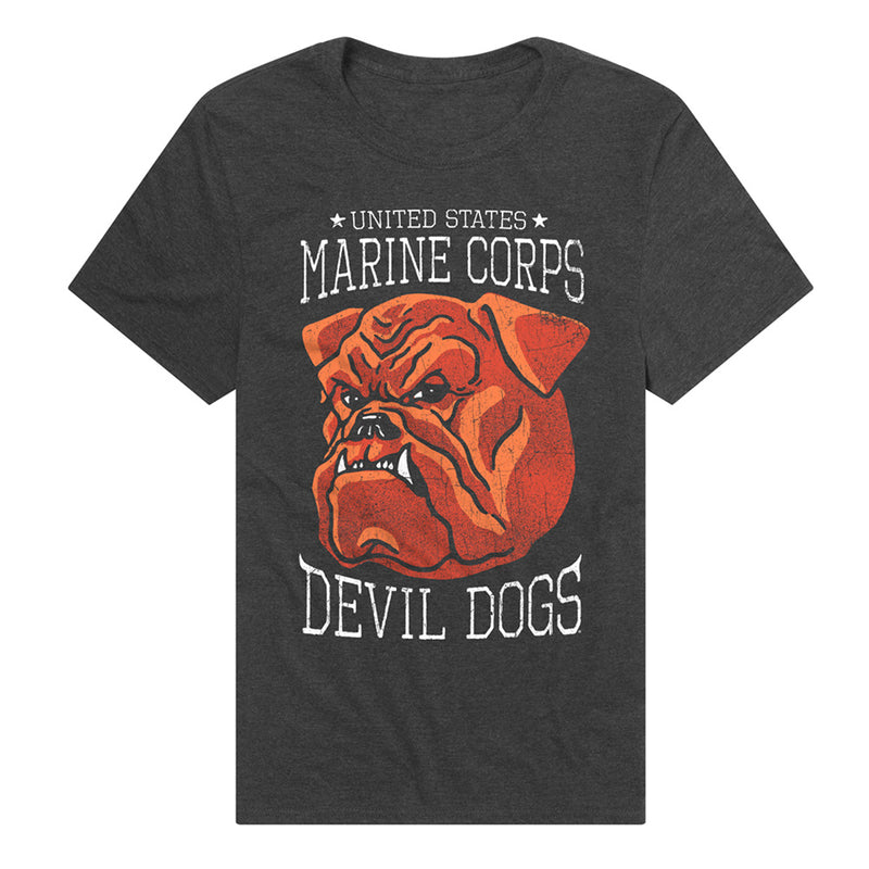 Heather charcoal t-shirt featuring an orange bulldog head with the text 'UNITED STATES MARINE CORPS' above it and 'DEVIL DOGS' below it in white.